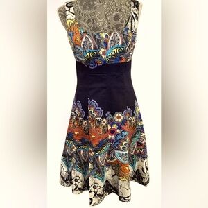 Nine West navy multi floral fitted flare dress Sz 8